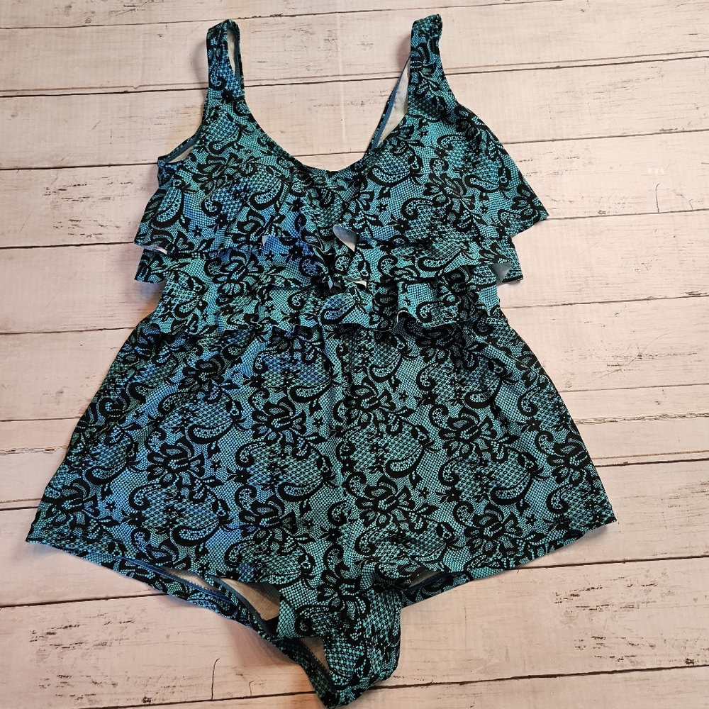 Blair Swimsuit Size‎ 8 Blue Black Lace Print Ruffled Skirted One Piece Modest